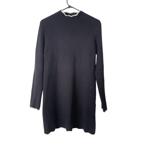 Few Moda Size M Long Sleeve Scalloped Mini Sweater Dress Mock Neck Black LBD - Picture 1 of 7